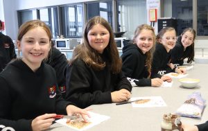 Year 8 Pupils; Siofra Darragh, Grace McConnell, Charlotte McConkey, Belle Clarke-McCourt and Grace Bennet enjoying some crepes.